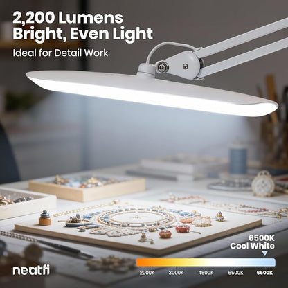 Neatfi XL LED Desk Lamp with Clamp, 2200 Lumens, 24W, 20-Inch Wide Head, Dimmable 4 Brightness Levels, Task Light for Home Office, Crafts, Workbench (Non-CCT, White)