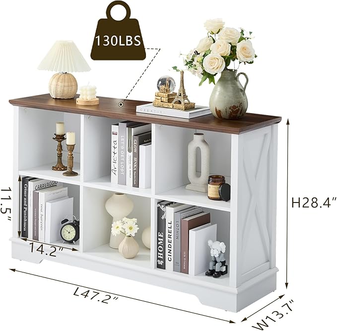 Book Shelf, 6 Cube Storage Organizer, 2-Tier Open Shelf Wooden Bookcase, Freestanding Wood Cube Storage Bookshelf for Bedroom, Living Room, Home Office (White)