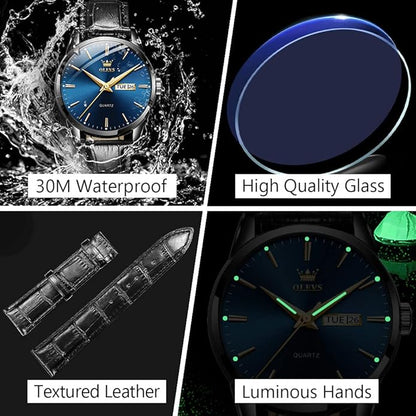 OLEVS Men's Simple Watch with Day and Date, Stainless Steel Analog Quartz Watches for Men, Classic Luminous Hands Men's Dress Watches, Black/White/Blue Dial