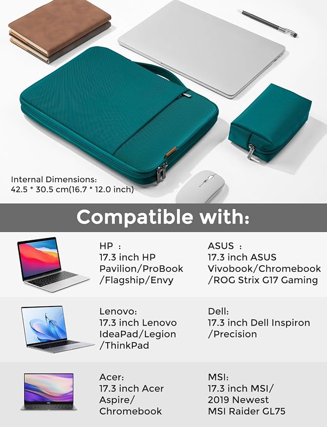 DOMISO 17.3 inch Laptop Sleeve Case Water Resistant Shockproof Protective Computer Bag for 17.3" Notebook/HP Pavilion Envy 17/Del/IdeaPad/LG Gram/MSI with Accesory Bag,Turquoise