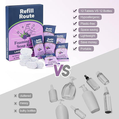 Foaming Hand Soap Refills, Foaming Soap Refill 12 Pcs(Make 12x8 fl oz Bottles), Plant-Based Foam Cleaner, Skin-Friendly Hand Wash Tablets, Vegan, Cleansing & Moisturizing, Lavender Scent