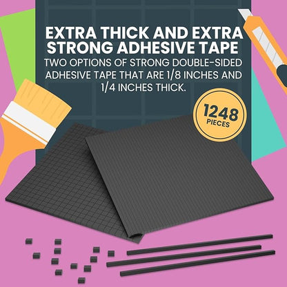 Bearly Art CUBIES The Shadow Collection - Adhesive Foam Tape for DIY Arts and Crafts - Double Sided Tape - Mega Pack with 1248 Total Pieces - Precut Squares & Strips