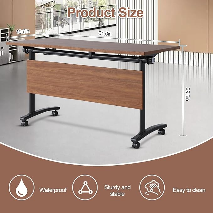 Conference Table, Foldable Conference Room Tables with Silent Wheels, Folding Modular Seminar Meeting Tables, Modern Rectangle Training Table for Office, Boardroom (8, Walnut, 61.0)