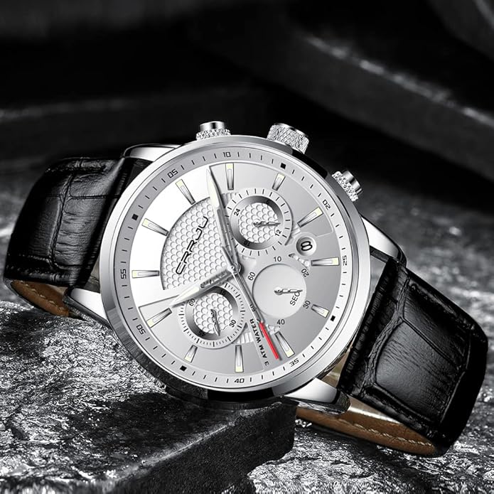 CRRJU Men's Business Casual Chronograph Quartz Waterproof Wristwatch Black Leather Strap