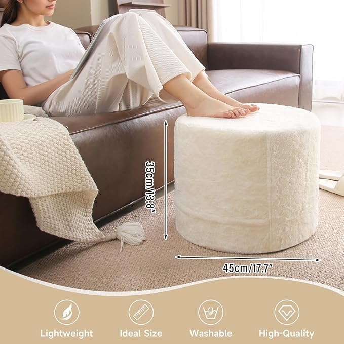 Tiita Round Stuffed Pouf Ottoman, Plush Poufs with Foam Chunk Filling, Foot Rest Stool for Living Room, Cream