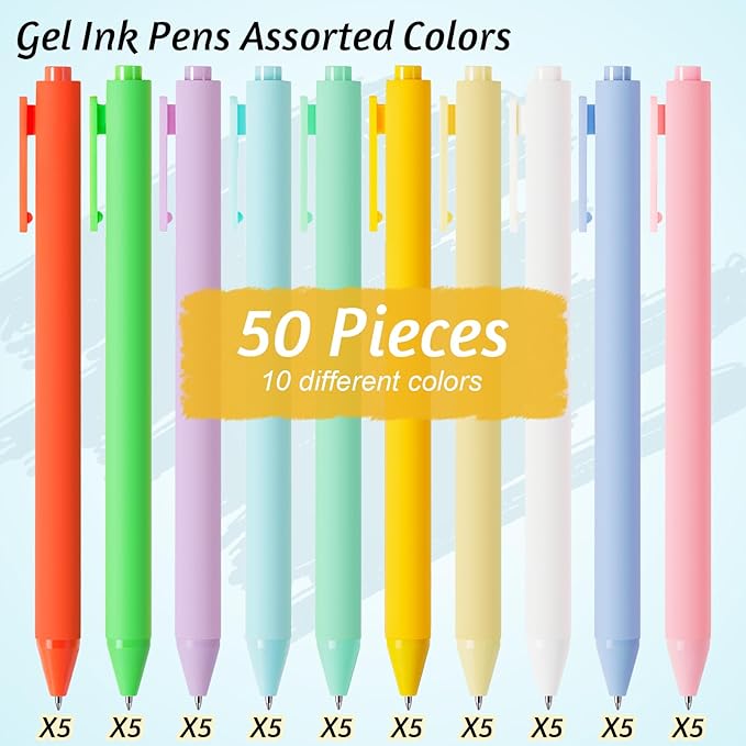 Crtiin 50 Pcs Gel Ink Pens Bulk, Black Ink 0.5mm Fine Point Retractable Pen Smooth Writing Office School Supplies for Teacher Server Operation Christmas Charity Donation Thanksgiving (Macaron)