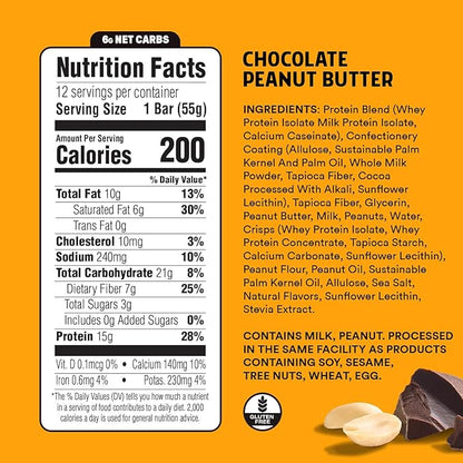 JUNKLESS Protein Bars - Chocolate Peanut Butter - 15g Protein, No Added Sugar, Gluten Free, High Fiber, Delicious Taste and Texture, Satisfying, Healthy Snack for Energy - 12 Bars