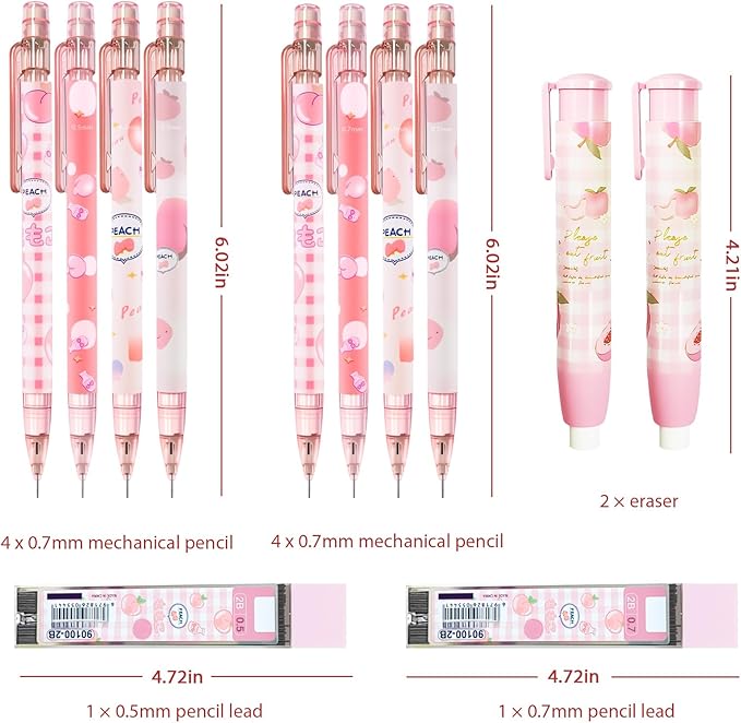 Cute Pink Coquette Peach Mechanical Pencil Set Include 8Pcs Kawaii Mechanical Pencils,2 Tubes Mechanical Pencil Lead Refills,2Pcs Erasers,for Office School Supplies