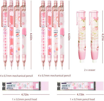Cute Pink Coquette Peach Mechanical Pencil Set Include 8Pcs Kawaii Mechanical Pencils,2 Tubes Mechanical Pencil Lead Refills,2Pcs Erasers,for Office School Supplies