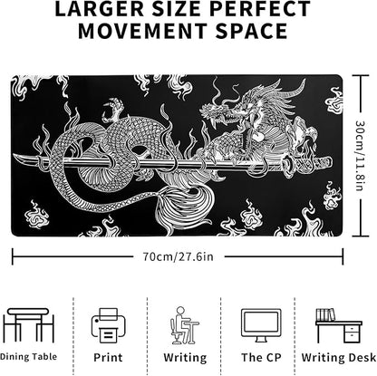 Dragon Gaming Mouse Pad Black Large Mouse Pad for Keyboard and Mousepad Desk Mat with 3mm Non-Slip Base and Stitched Edge for Gaming and Office Computer Mat Protector Mat 27.6x11.8 Inch