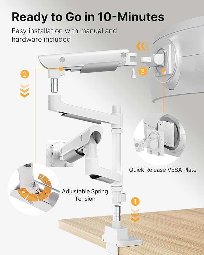monTEK Sleek Aluminum Monitor Arm for 17–57” Ultrawide Screens up to 59 lbs, USB 3.0 A/C, Heavy Duty Dual Monitor Arm Desk Mount, Pneumatic Lift, Quick-Release Plate, Clamp/Grommet, max VESA 100x100