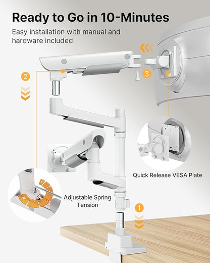 monTEK Sleek Aluminum Monitor Arm for 17–57” Ultrawide Screens up to 59 lbs, USB 3.0 A/C, Heavy Duty Dual Monitor Arm Desk Mount, Pneumatic Lift, Quick-Release Plate, Clamp/Grommet, max VESA 100x100