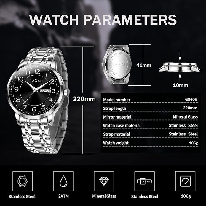 Mens Silver Watch Luxury Minimalist Dress Watch Classic Waterproof Watches for Men Analog Quartz Stainless Steel Men's Wrist Watches with Date Luminous Relojes para Hombres