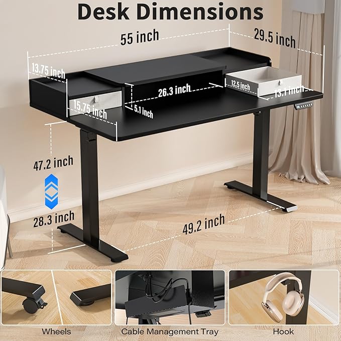 Kingant 55 x 30 Inch Standing Desk with Drawers, Adjustable Height Electric Sit Stand Desk with Storage Shelf, Rising Stand Up Computer Desk for Home Office Workstation, 3 Preset Heights