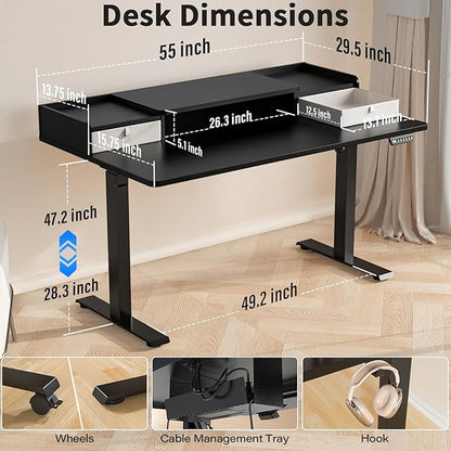 Kingant 55 x 30 Inch Standing Desk with Drawers, Adjustable Height Electric Sit Stand Desk with Storage Shelf, Rising Stand Up Computer Desk for Home Office Workstation, 3 Preset Heights