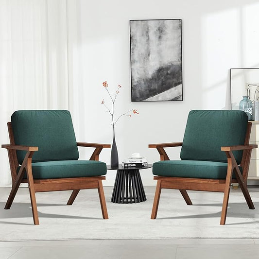 INZOY Mid-Century Modern Accent Chair Set of 2, Breathable Fabric Living Room Chair and Soft Thick Padded Armchair for Living Room Bedroom Reception with Removable Upholstered Cushions, Dark Green
