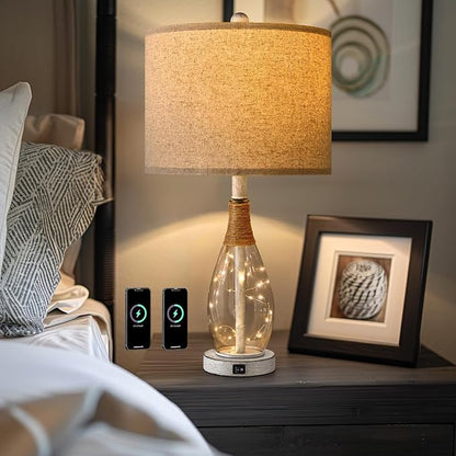 OYEARS 23" Table Lamps for Living Room Set of 2 Bedside Lamps for Night Stands Bedroom Lamps Farmhouse Rattan Boho Lamp Glass Nightlight End Table Lamp with USB C+A (White),Two Light Points