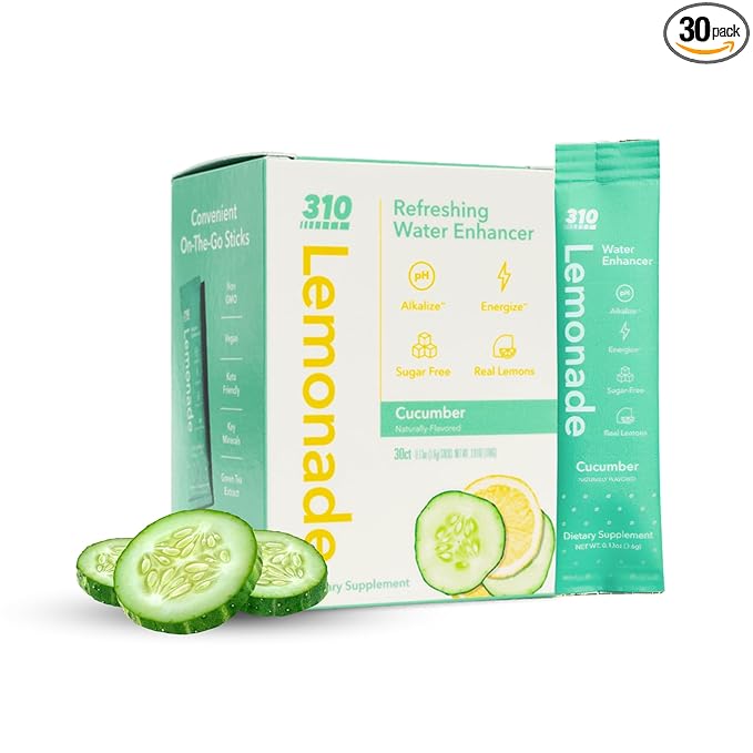 310 Nutrition Lemonade Sugar-Free Water Flavoring Packets - Powdered Drink Mixes & Flavorings with Alkalizing Minerals - Water Enhancer Packets for Energy & Instant Hydration - Cucumber 30 singles