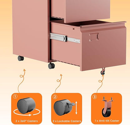 METAN 2 Drawer Vertical File Cabinet with Lock, Mobile Metal Filing Cabinet for Legal/Letter Size, Office Storage File Cabinet Under Desk with Card Holder,Assembly Required,Pink