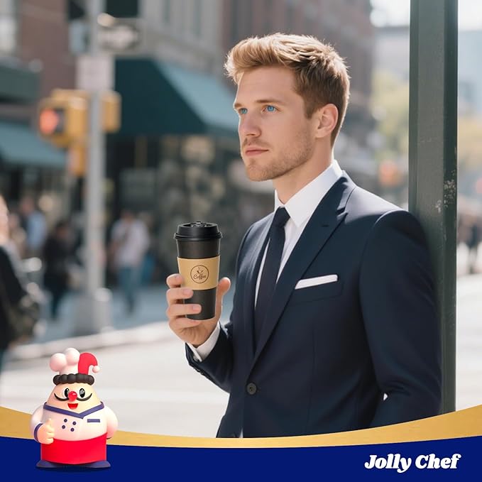 JOLLY CHEF 100 Count 20 oz Black Paper Coffee Cups with Lids, Sleeves and Stirrers for Home, Office, Kitchen, Cafes, Disposable Hot Paper Cups for all Kinds of Beverages