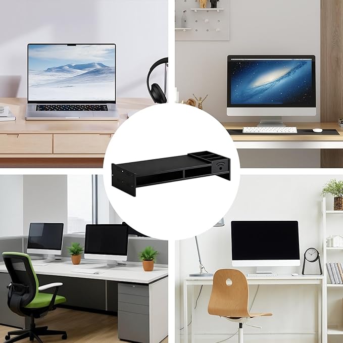 Desk Monitor Stand, 2-Tier Ergonomic Shelf, Black 4.3in Riser, Computer Screen Organizer, Laptop TV Holder, Work Table Storage, For Home Dorm Office Setup