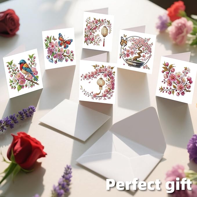 jinglinhh 12pcs Diamond Art Painting Bluebird Flowers Greeting Cards with Envelopes, DIY Card Making Kits for Adults, Diamond Art Christmas Cards for Birthday Holiday Postcards Craft Gifts