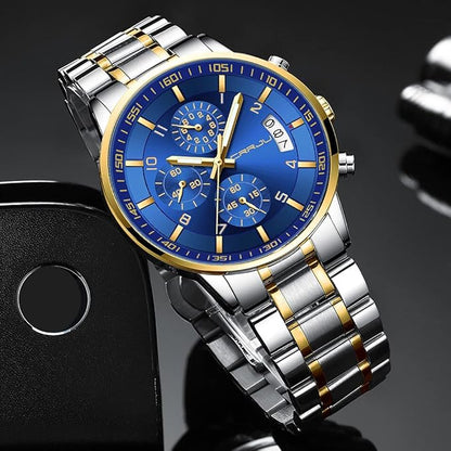 CRRJU Men's Fashion Stainless Steel Watches Date Waterproof Chronograph Wristwatches,Black Steel Band Waterproof Quartz Watch for Men