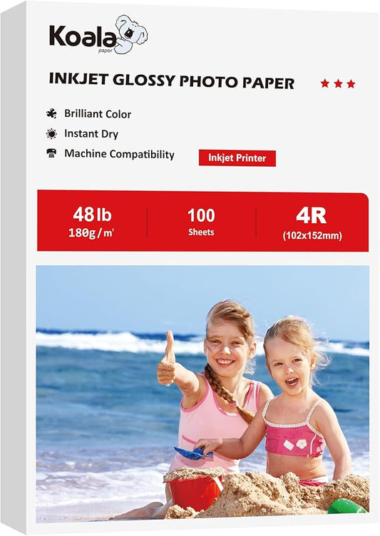 Koala Glossy Inkjet Photo Paper 4X6 Inches 48lb 100 Sheets Professional Glossy Photographic Paper Compatible with Inkjet Printer Use DYE INK 180GSM