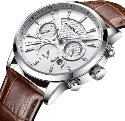 CRRJU Men's Business Casual Chronograph Quartz Waterproof Wristwatch Black Leather Strap
