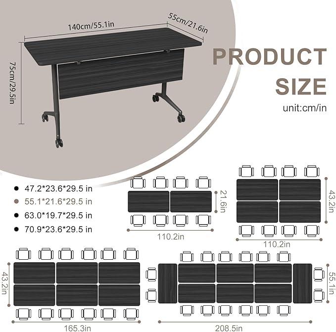 Folding Conference Table, Rectangular Conference Room Tables, Mobile Modular Training Table, Solid Steel Frame,Thickened Panel,for Offices,Meeting Room,Offices andSchools (4, Ebony, 55in)