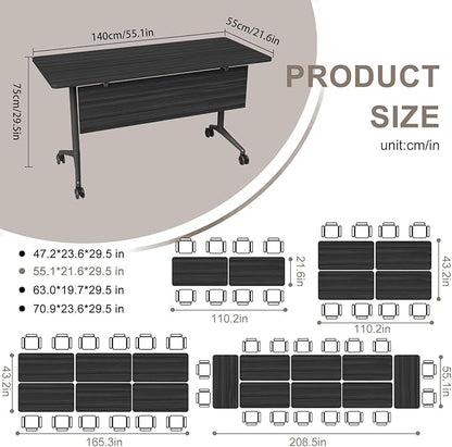 Folding Conference Table, Rectangular Conference Room Tables, Mobile Modular Training Table, Solid Steel Frame,Thickened Panel,for Offices,Meeting Room,Offices andSchools (4, Ebony, 55in)