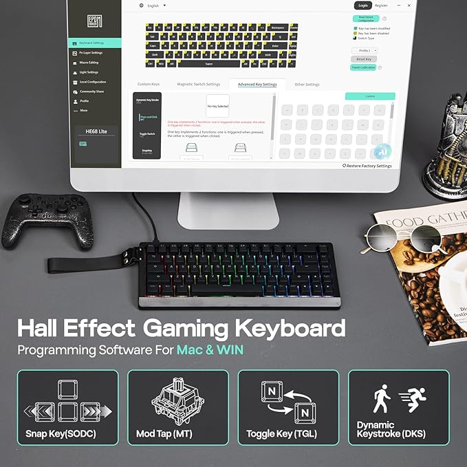 EPOMAKER HE68 Lite Hall Effect Gaming Keyboard, 8k Polling & 128K Scan Rate, 0.005mm Adjustable Trigger, 0.125ms Latency, 5-Layer Sound-Dampened, Snap Key, SOCD, A-RGB, Wired, Mac Software (Black)