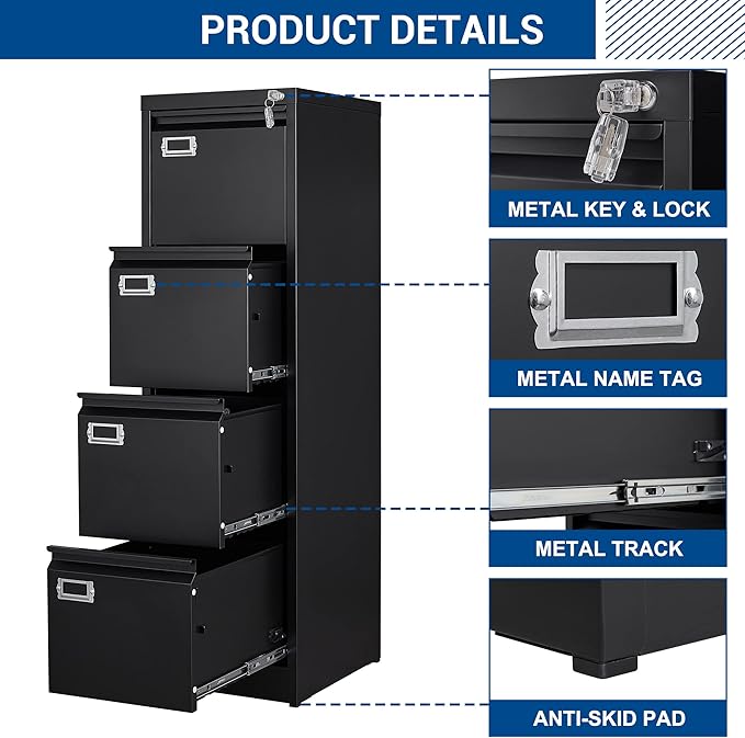 File Cabinet - 4 Drawers Vertical 17.8" Deep Lockable Filing Cabinet Black Metal Storage Cabinets for Home Office to Hanging Files Letter/Legal/F4/A4 Size