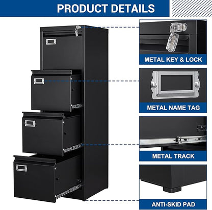 File Cabinet - 4 Drawers Vertical 17.8" Deep Lockable Filing Cabinet Black Metal Storage Cabinets for Home Office to Hanging Files Letter/Legal/F4/A4 Size