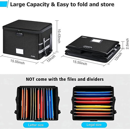 File Box with Lock - Fireproof Document Box File Organizer with Zipper & Adjustable Handle, Collapsible File Storage Box for Home Office, Filing Cabinet for Hanging Letter/Legal Folder