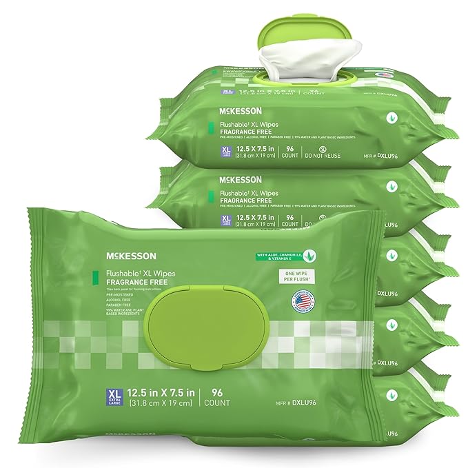 McKesson Flushable* Adult Wet Wipes XL – 576 Wipes (6 Pack of 96) – Aloe & Vitamin E, Plant-Based Cleansing Wipes, Unscented, Extra Large