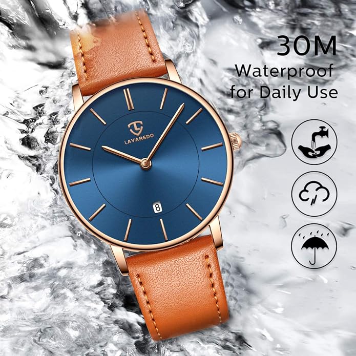 L LAVAREDO Watch for Men, Extremely Thin Mens Watches Minimalist Analog Men's Leather Wrist Watches with Time/Date, Birthday Gift for Men Boyfriend