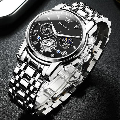 OLEVS Men Silver Watches,Men's Stainless Steel Chronograph Watch,Man Analog Quartz Big Face Male Watches Luxury Waterproof Roman Numeral Dress Diamond Relojes para Hombre