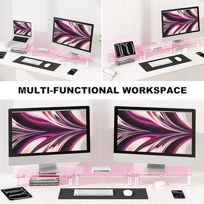 RQUOIRE Ergonomic Pink Acrylic Dual Monitor Stand with Adjustable Laptop Riser, Compatible with Desktop, Printer, TV and More Devices,monitor riser holder suitable for 2 monitors