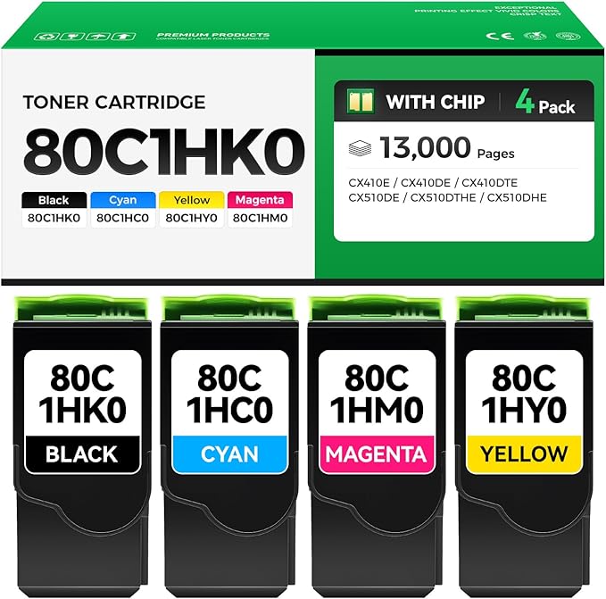 80C1HK0 80C1HC0 80C1HM0 80C1HY0 Toner Cartridge Set 4-Pack with Chip Replacement Compatible for Lexmark CX410E CX410DE CX410DTE CX510DE CX510DTHE CX510DHE Color Laser Printer Black Cyan Magenta Yellow
