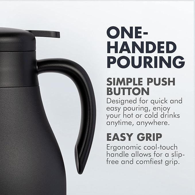 GrandTies 61oz Stainless Steel Thermal Coffee Carafe - Insulated Double Walled Vacuum Coffee Pot, Hot Water Dispenser - Thermal Bottle for Hot Drinks, 12 Hour Heat Retention (Midnight Black)