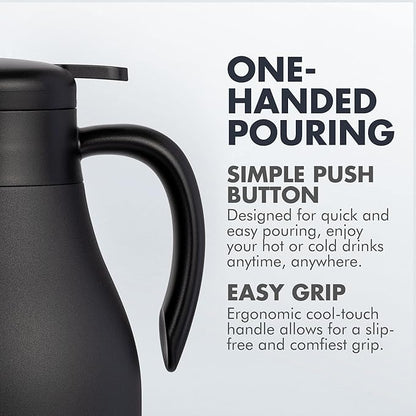 GrandTies 61oz Stainless Steel Thermal Coffee Carafe - Insulated Double Walled Vacuum Coffee Pot, Hot Water Dispenser - Thermal Bottle for Hot Drinks, 12 Hour Heat Retention (Midnight Black)