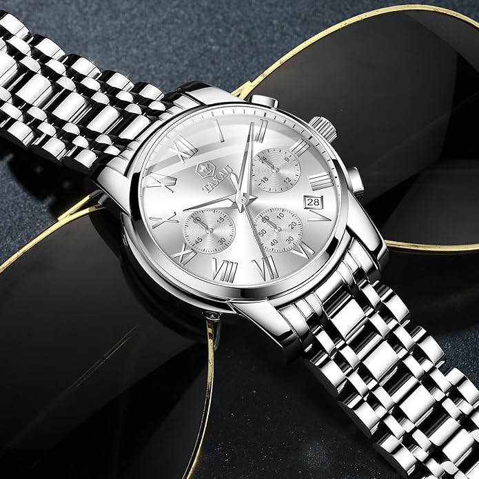 Watch Men Stainless Steel Luxury Diamond Chronograph with Date Business reloj de Hombre