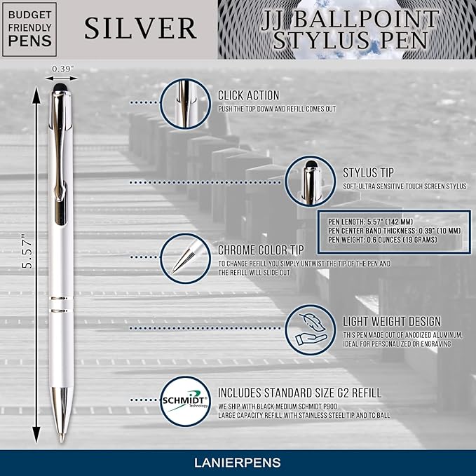 Silver JJ Ballpoint Pen with Stylus - Black Ink Refill, Medium Tip Point