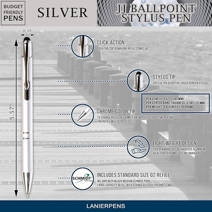 Silver JJ Ballpoint Pen with Stylus - Black Ink Refill, Medium Tip Point