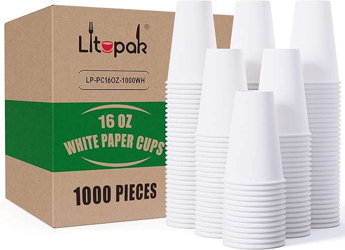 LITOPAK 1000 pack 16 oz Disposable Paper Coffee Cup, Hot Paper Coffee Cups, 16 oz White Paper Cups for Offices, Schools, Shops, Restaurants
