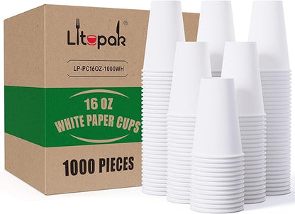 LITOPAK 1000 pack 16 oz Disposable Paper Coffee Cup, Hot Paper Coffee Cups, 16 oz White Paper Cups for Offices, Schools, Shops, Restaurants