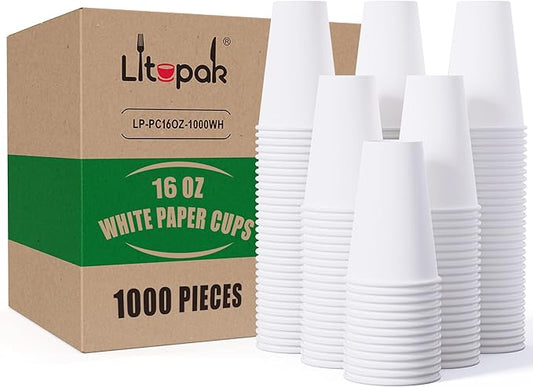 LITOPAK 1000 pack 16 oz Disposable Paper Coffee Cup, Hot Paper Coffee Cups, 16 oz White Paper Cups for Offices, Schools, Shops, Restaurants