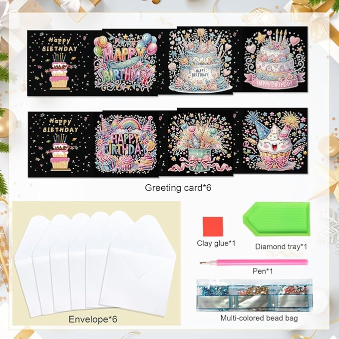 6PCS Diamond Art Painting Greeting Card Set, Birthday Cake Pattern Cards with Envelopes,DIY Card Making Kits Thank You Card Arts Crafts for Birthday