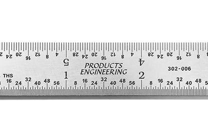 PEC Tools 6-Inch Rigid Steel Ruler, High-Quality Carbon Steel with Satin Chrome Finish, 3R Graduation (1/32", 1/64", 1/10", 1/50"), Fully Hardened and Tempered, Made in USA